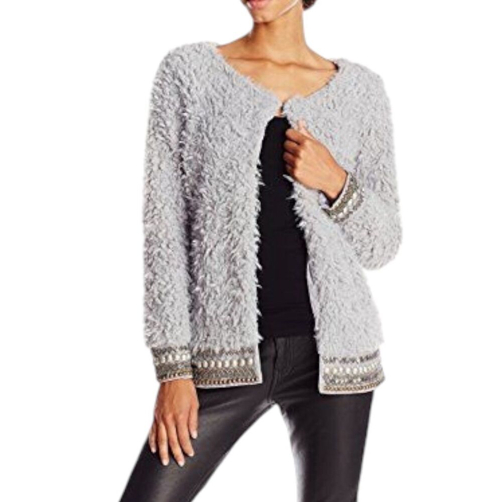 Jessica Simpson Gray Faux Fur Open Front Studded Kassidy Jacket S